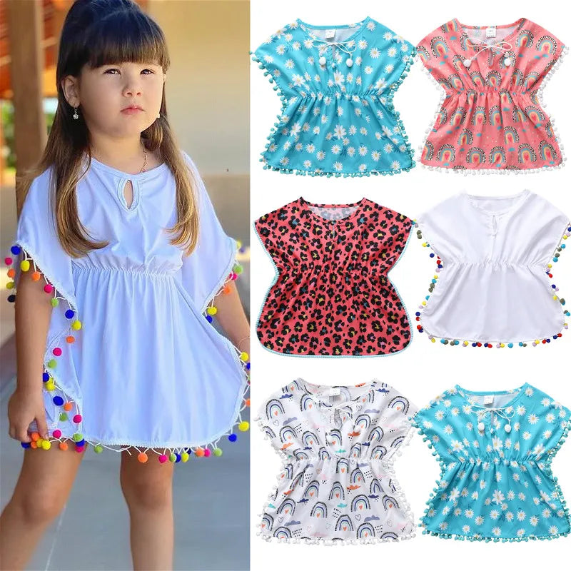 Infant Kids Baby Girls Casual Loose Style Dress, Round Collar Short Batwing Sleeves Beach Blouses Shirts 0-5T