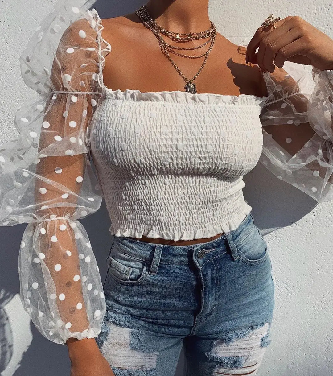 Women Sheer Mesh Blouses Long Sleeve T-Shirts All-matched Popular Clothes Sexy Fshion Summer off shoulder Beach Party Crop Tops