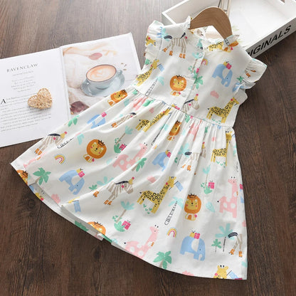 Bear Leader Cartoon Print Baby Girls Princess Dress New Fashion Summer Floral Toddler Kid Party Clothes Children Vestido