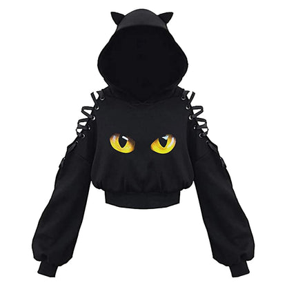 Women Long Sleeve Hoodies Kawaii Cat Ears Hoodie Gothic Punk Harajuku Cold Shouler Bandage Gothic Black Sweatshirts 2021