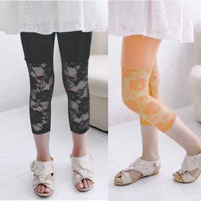 Children Girl Lace Tight Pants 3-10years Girls Knee Length Kid Fifth Pants Candy Color Summer Kid Cropped Clothing Bottoms Legg