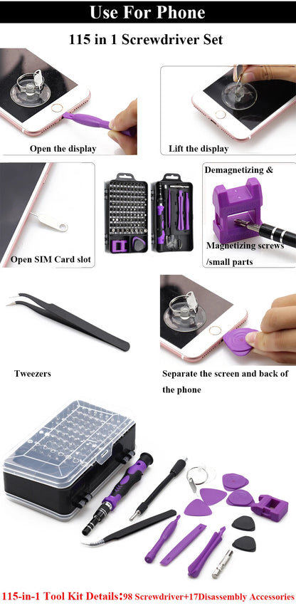 Precision Screwdriver Set 115 in 1 Purple Multi-Function Professional Repair Tool Phillips Magnetic Screw Driver Bits Hand Tool