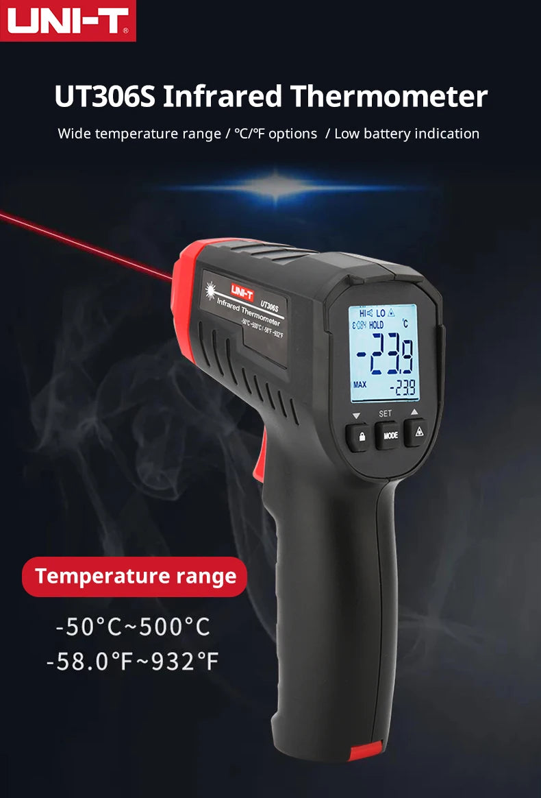 UNI-T Digital Thermometer UT306S UT306C Non-contact industrial Infrared Laser Temperature Meter Temperature Gun Tester-50-500