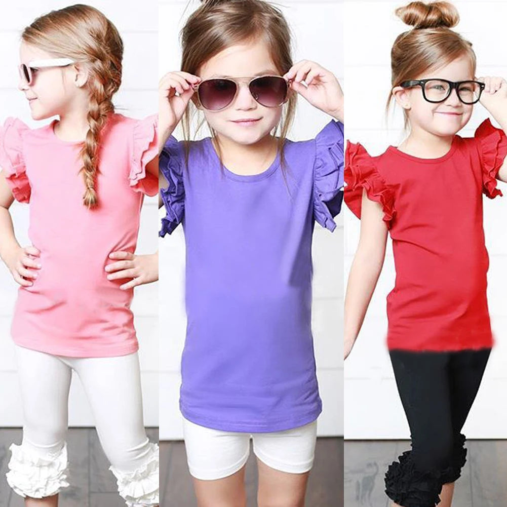 2019 Baby Summer Clothing Toddler Baby Girls Boy Flying Sleeves Tops Shirts Outfits Kid Solid Clothes Tee 0-4T