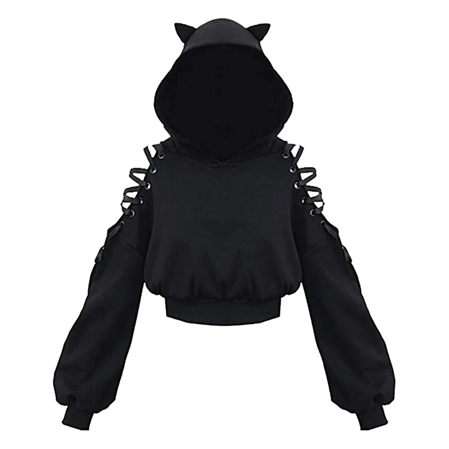 Women Long Sleeve Hoodies Kawaii Cat Ears Hoodie Gothic Punk Harajuku Cold Shouler Bandage Gothic Black Sweatshirts 2021