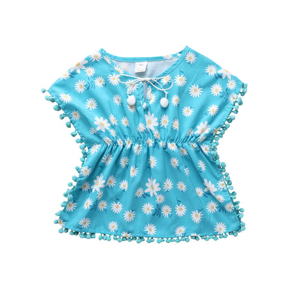 Infant Kids Baby Girls Casual Loose Style Dress, Round Collar Short Batwing Sleeves Beach Blouses Shirts 0-5T