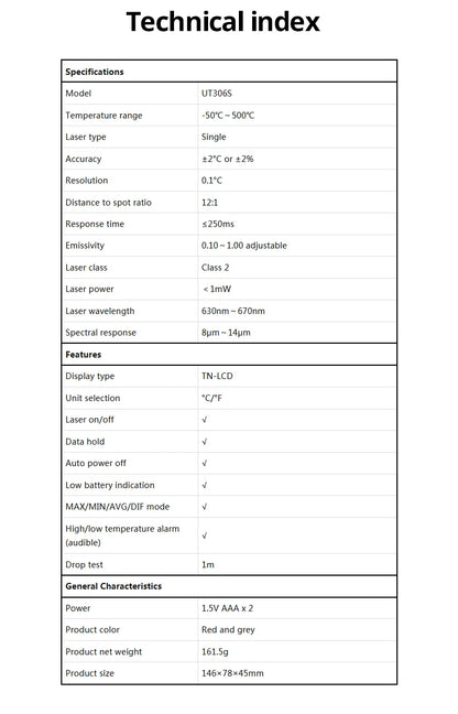 UNI-T Digital Thermometer UT306S UT306C Non-contact industrial Infrared Laser Temperature Meter Temperature Gun Tester-50-500