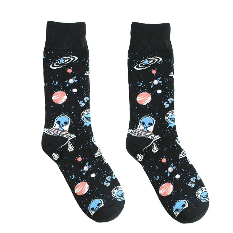 Cotton Happy Funny Socks Men Alien Planet Shark Crazy Design Sokken Unisex Novelty Dinosaur Crew Skateboard Calcetines Hombre