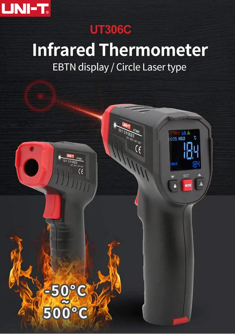 UNI-T Digital Thermometer UT306S UT306C Non-contact industrial Infrared Laser Temperature Meter Temperature Gun Tester-50-500