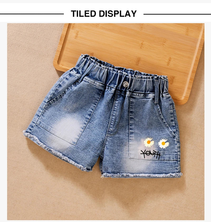 IENENS Fashion Girls Denim Pants Shorts Girl Thin Soft Trousers Jeans Kids Children Casual Clothes Clothing 4-13 Years