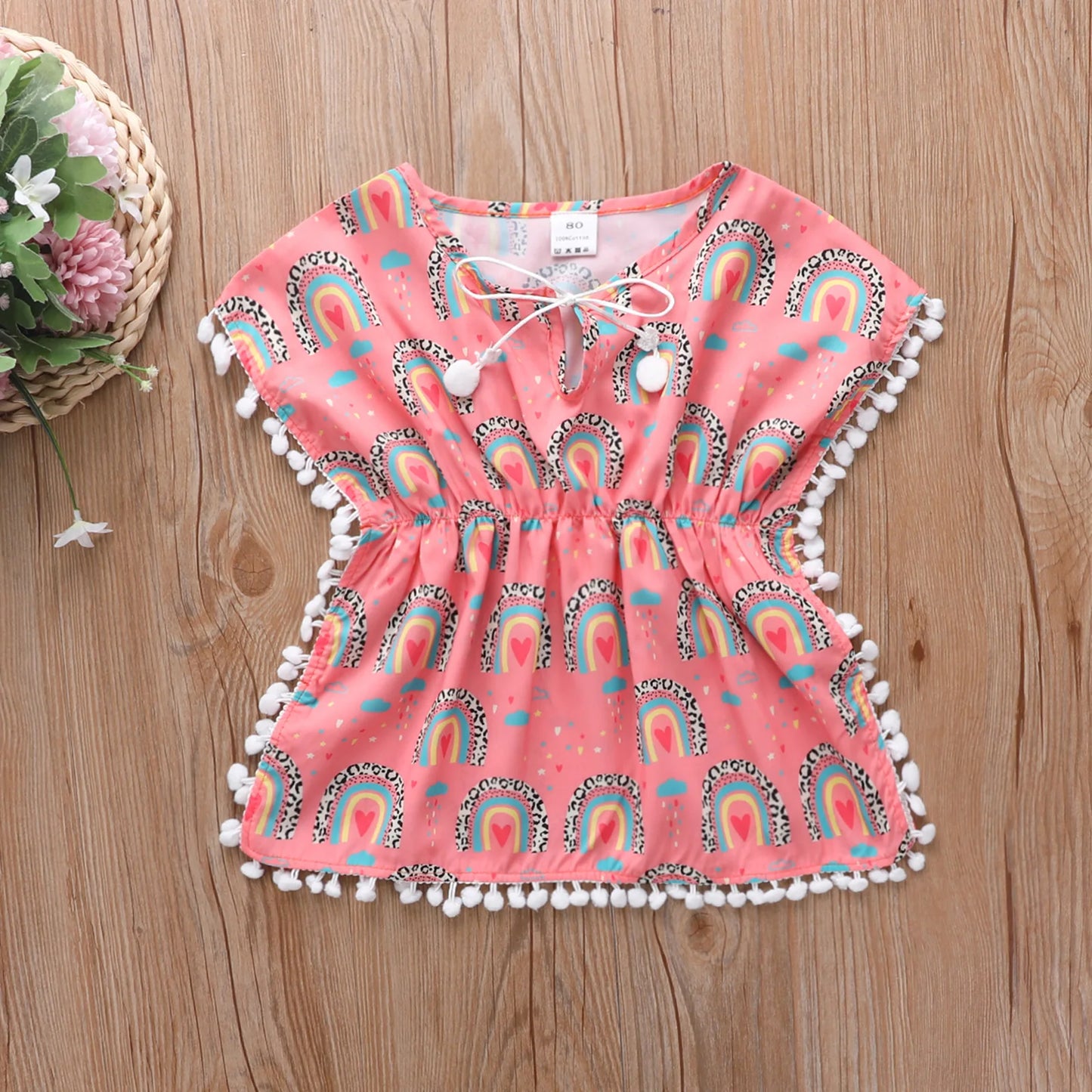 Infant Kids Baby Girls Casual Loose Style Dress, Round Collar Short Batwing Sleeves Beach Blouses Shirts 0-5T