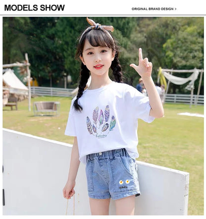 IENENS Fashion Girls Denim Pants Shorts Girl Thin Soft Trousers Jeans Kids Children Casual Clothes Clothing 4-13 Years