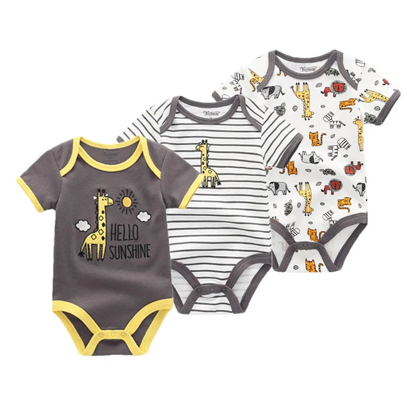 Kiddiezoom 3 Pcs Newborn Cartoon Short Sleeve Baby Boy Girl Bodysuits Soft 100%Cotton Baby Onesies Unisex Baby Clothes