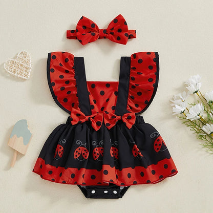 Infant Baby Girl Summer Clothes Ruffle Fly Sleeve Romper Dress Cute Print Playsuits with Headband Summer Outfit