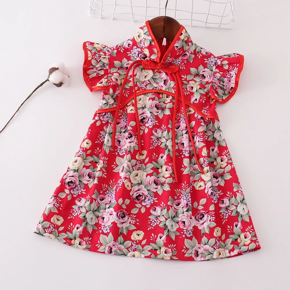 Fashion Red Girls Dresses Casual Perform Outfit Baby Qipao Chinese Dress Summer Kids Cheongsams Costume Vestido Girl Clothes