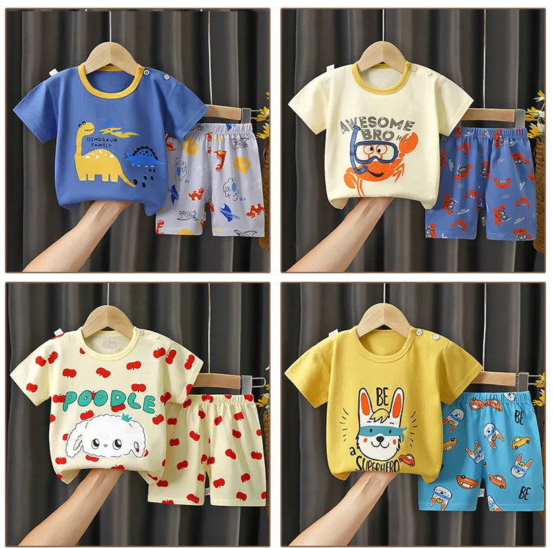 2025 New Kids Boys Girls Summer Pajamas Cute Cartoon Print Short Sleeve T-Shirt Tops with Shorts Toddler Baby Clothing Sets