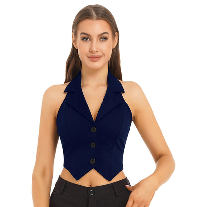 Womens Fashion Vest Tops Halter Backless Button Down Pointed Hem Waistcoat Crop Top Formal Elegant Business Office Ladies Wear