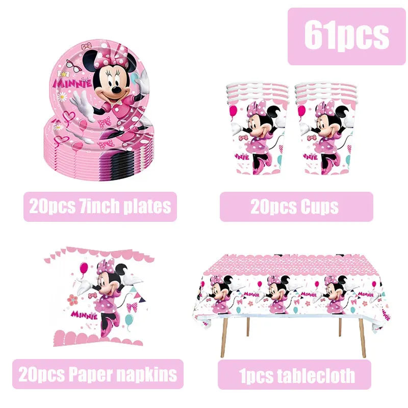 Minnie Mouse Birthday Party Decorations Tableware Set Birthday Decorations Full Set Pink Balloons Banner Candy Box Kids Favors