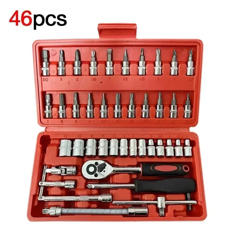 46Pcs Car DIY Repair Tool Kit 1/4-Inch Socket Sets Car Repair Tool Ratchet Torque Wrench Combo Auto Repairing Sets Mechanic Tool