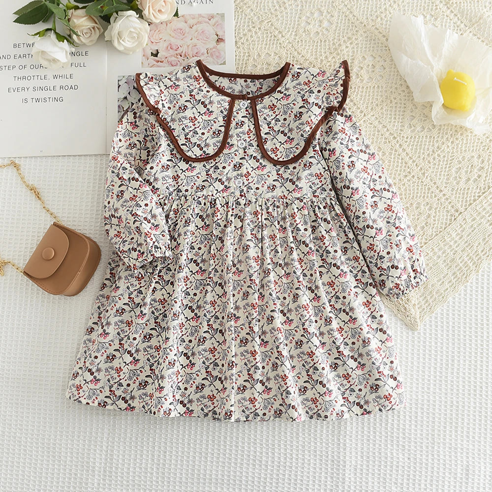 Bear Leader Autumn Spring New Girls' Dress Fashion Cute Doll Neck Flower Print Dress Children's Girls Long Sleeve Princess Dress