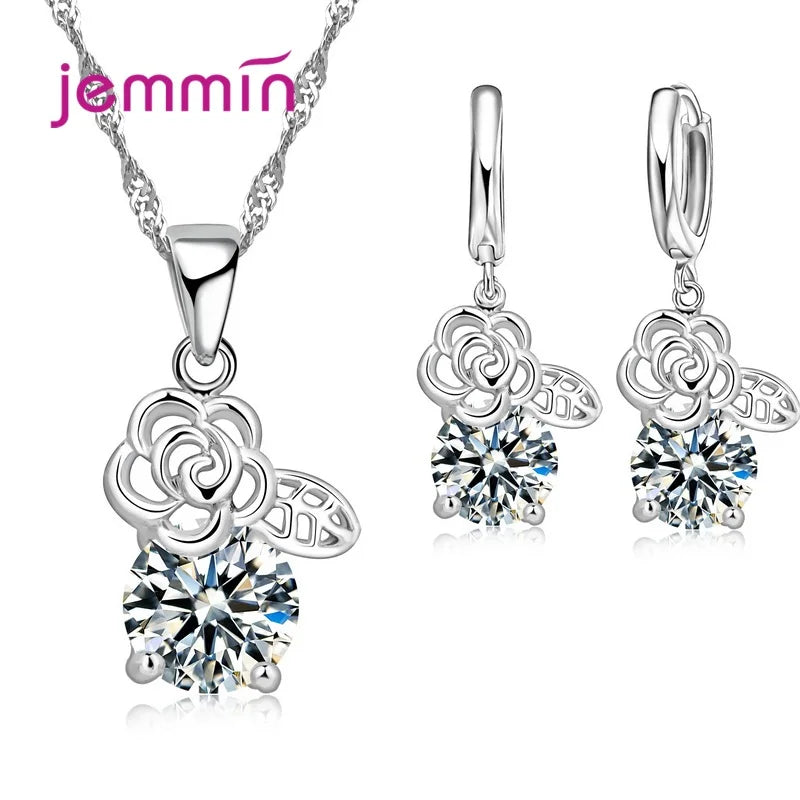 925 Sterling Silver Trendy Crystal Pendant Necklace Earrings Jewelry Set For Women Girls Wedding Engagement Fashion Jewelry