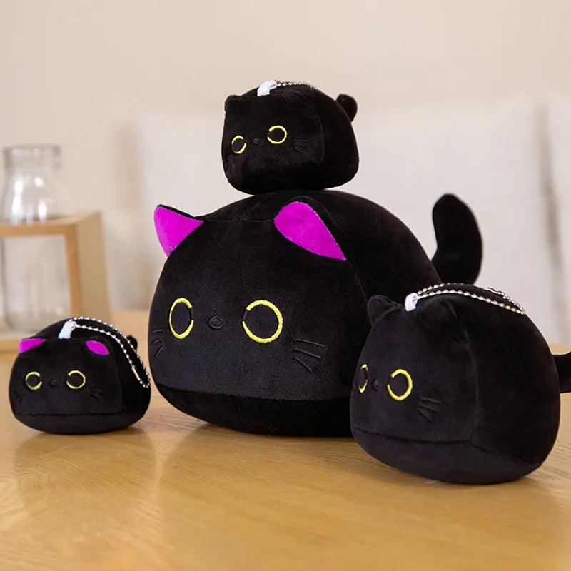 7/11/20CM Kawaii Small Cuddly Black Cat Plush Doll Cartoon Stuffed Round Ball Cat Plushie Girl's Bag Keychain Pendant Toys