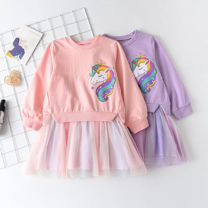 2023 New Unicorn Princess Dress Children's Spring & Autumn Season Dress Girls' Birthday Party Dress Halloween Christmas Dress