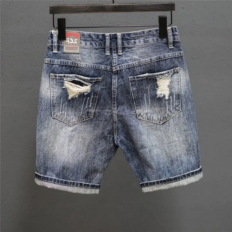 Fashion Vintage Korean Men's Summer Denim Shorts with Distressed Holes Slim Fit Distressed Holes Designer Luxury Clothing Men