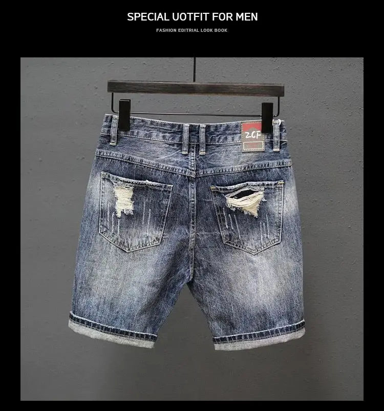 Fashion Vintage Korean Men's Summer Denim Shorts with Distressed Holes Slim Fit Distressed Holes Designer Luxury Clothing Men