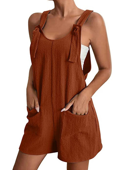 2025 Summer Women's Jumpsuit Overalls Short Loose Sleeveless Wide Leg Overall Solid Casual Romper with Pockets