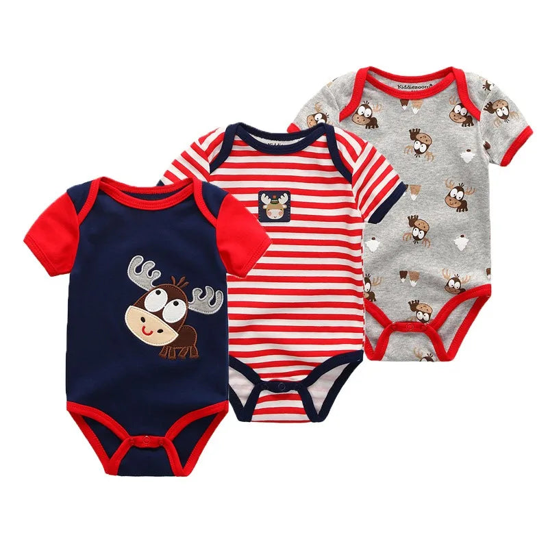 Kiddiezoom 3 Pcs Newborn Cartoon Short Sleeve Baby Boy Girl Bodysuits Soft 100%Cotton Baby Onesies Unisex Baby Clothes