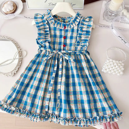 Bear Leader New Girls Flower Print Princess Dresses Wood Ear Edge Plaid Waistband Casual Kids Clothes Fashion Summer Wear