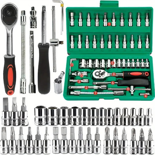 46pc Drive Socket Set 1/4 inch Ratchet Wrench Set with Sockets Metric Hex Bit Socket Set Mechanic Tool Kits for Hous Auto Repair