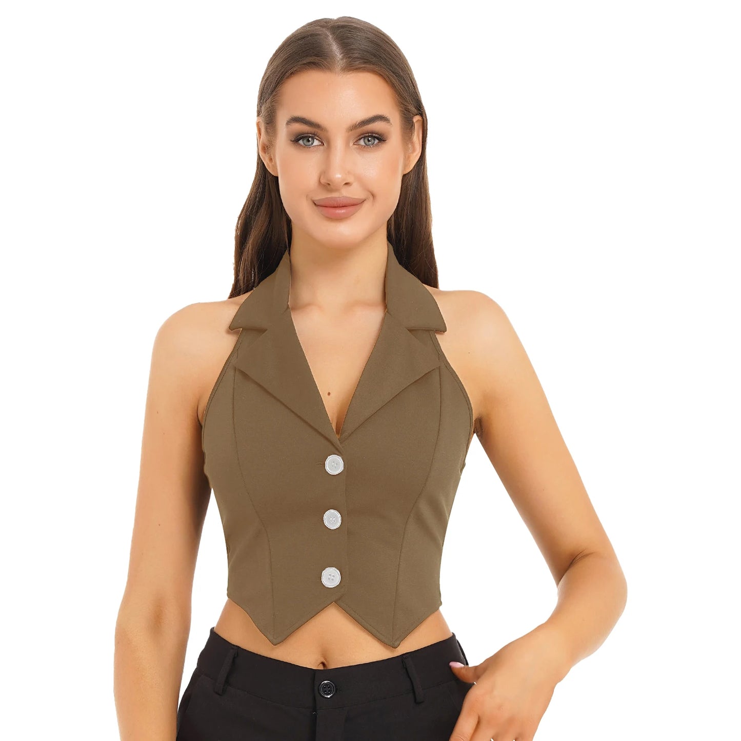 Womens Fashion Vest Tops Halter Backless Button Down Pointed Hem Waistcoat Crop Top Formal Elegant Business Office Ladies Wear