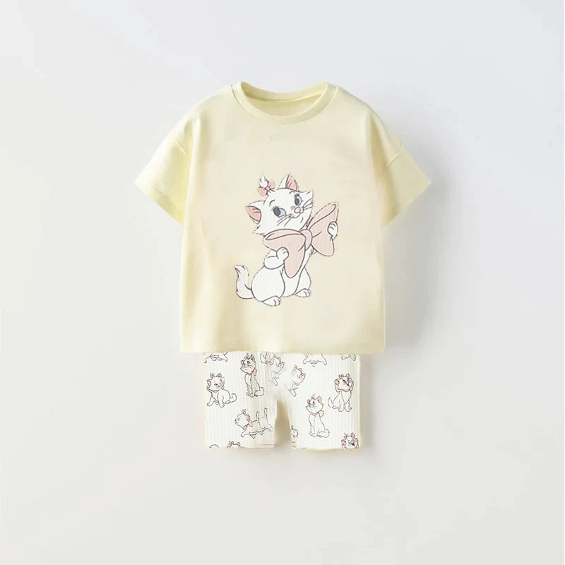 Cartoon Printed Kitten Kids Summer Casual Suit Set Children Boy And Girl T-shirt Shorts 2 Pieces/set Baby Coat Toddler Set