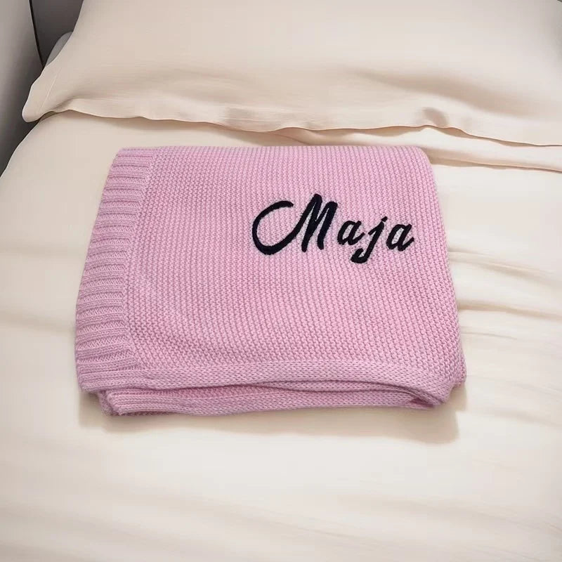 Personalized Knitted Blanket Embroidered Baby Name Stroller Cover Kids Cotton Nap Blanket for Newborn Shower Gifts