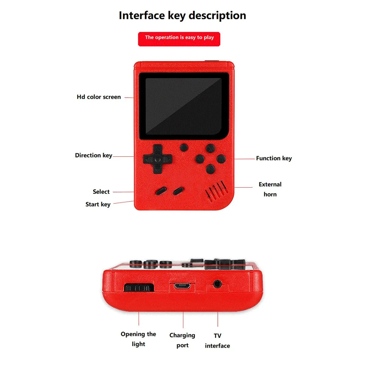 A Red Retro Classic Games Children's Handheld Small Game Console With Hundreds Of Game Charging Can Be Connected To The TV