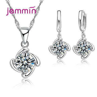 925 Sterling Silver Trendy Crystal Pendant Necklace Earrings Jewelry Set For Women Girls Wedding Engagement Fashion Jewelry