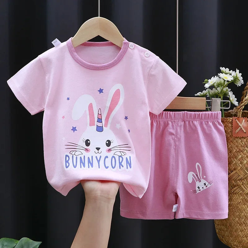 2025 New Kids Boys Girls Summer Pajamas Cute Cartoon Print Short Sleeve T-Shirt Tops with Shorts Toddler Baby Clothing Sets