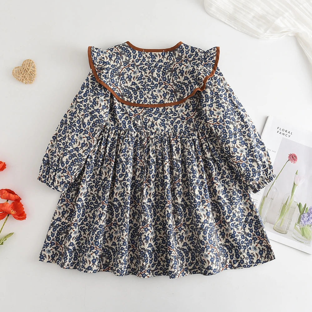 Bear Leader Autumn Spring New Girls' Dress Fashion Cute Doll Neck Flower Print Dress Children's Girls Long Sleeve Princess Dress