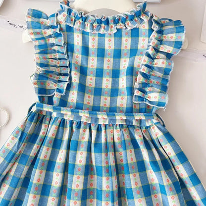 Bear Leader New Girls Flower Print Princess Dresses Wood Ear Edge Plaid Waistband Casual Kids Clothes Fashion Summer Wear