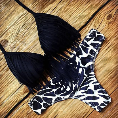 Sexy Bikini Wave Leopard Print Bikini Sets Women Tassel High-waist Tankini Two Pieces Swimsuits Beachwear 2022 Boho Bathing Suit