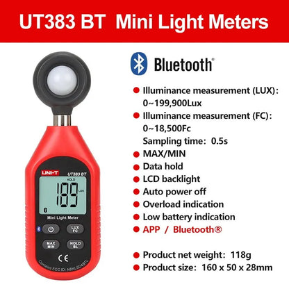 UNI-T UT383 UT383BT Mini Light Meter Digital Professional Luxometer 199900Lux 18500FC Illuminometer Photometer Light Lux Meter