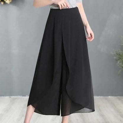 Double-layer Women Skirt Pants See-through Chiffon Split Hem High Waist Yoga Pants Loose Wide Leg Mid-calf Length Cropped Pants