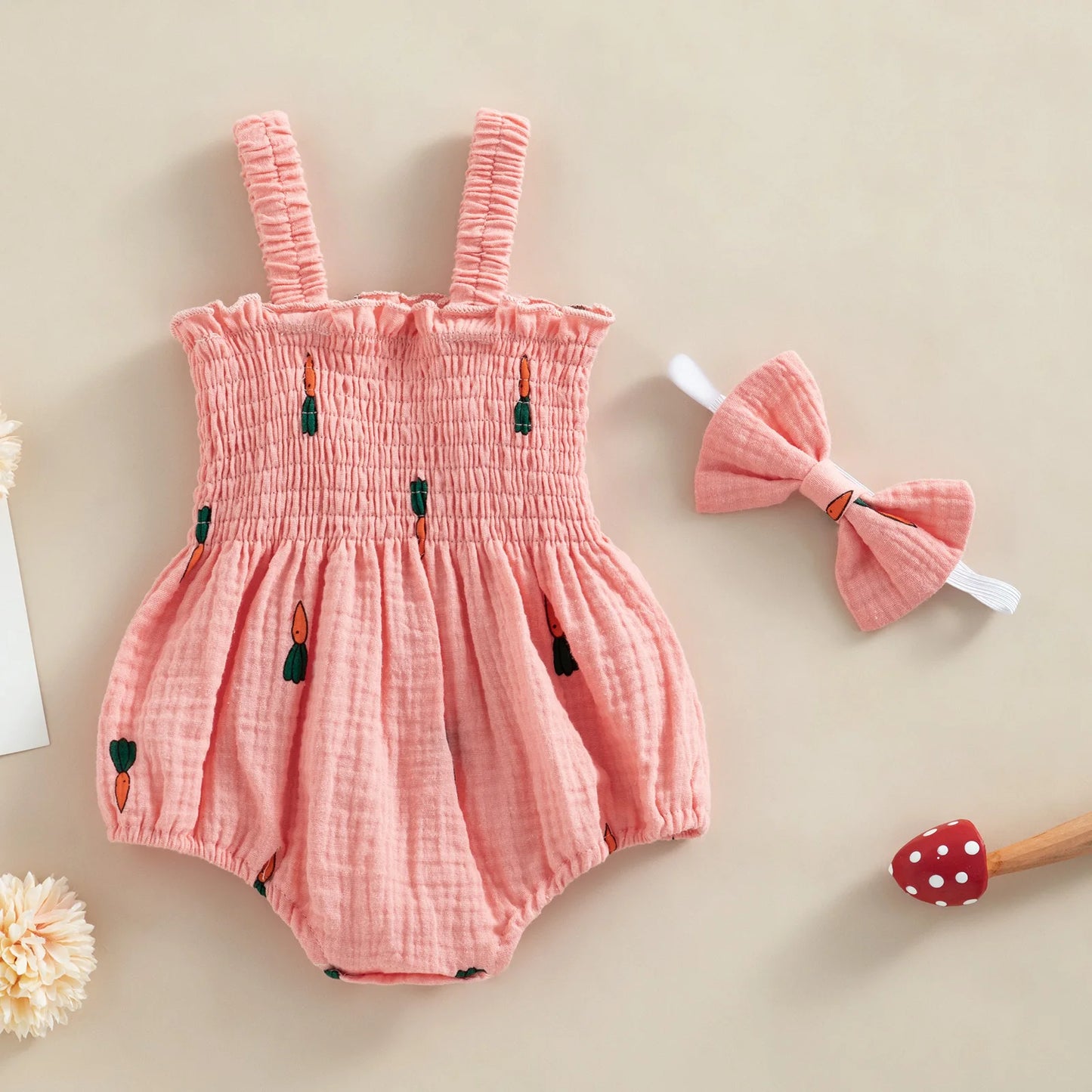 pudcoco Infant Newborn Baby Girl 2Pcs Summer Outfits, Sleeveless Cherry/Carrot/Tree Print Romper with Headband 0-18M