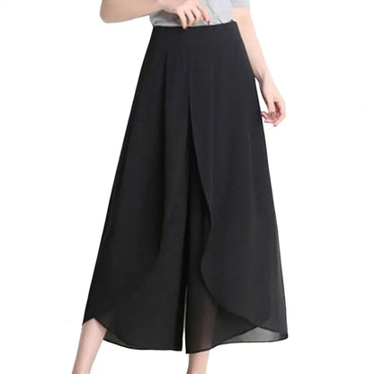 Double-layer Women Skirt Pants See-through Chiffon Split Hem High Waist Yoga Pants Loose Wide Leg Mid-calf Length Cropped Pants