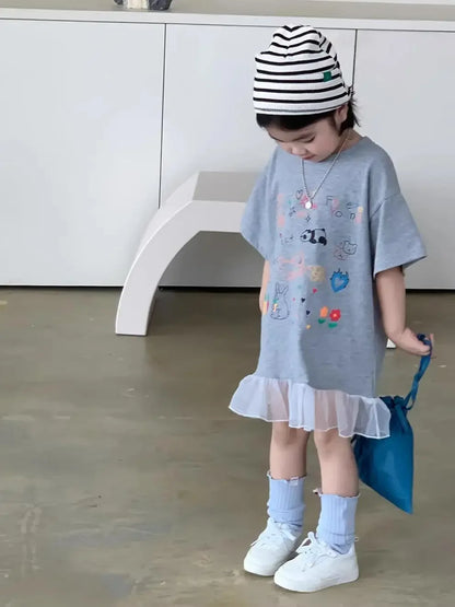 2024 Summer New Girls Short Sleeve Casual Dress Cute Flower Print Children Long T Shirts Loose Kids Princess Dress Girls Clothes