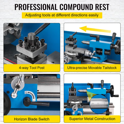 VEVOR Metal Lathe 7x14 / 7x12 inch Precision Bench Top 550W Variable Speed 50-2500 / 0- 2250 RPM Nylon Gear with A Movable Lamp