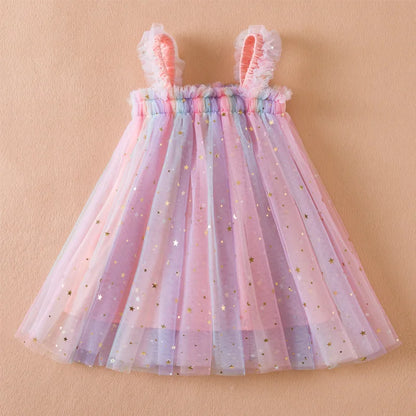 Sweet Girls Summer Flying Sleeve Bow Sequin Dress 2-6Y Kids Birthday Party Pink Fluffy A-line Princess Dress for Cute Baby Girl