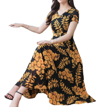 Summer Women Short Sleeve Fashion Elegant Tight Dress Lady Floral Print Women's Waist Large Swing V-Neck Maxi Women's Clothing